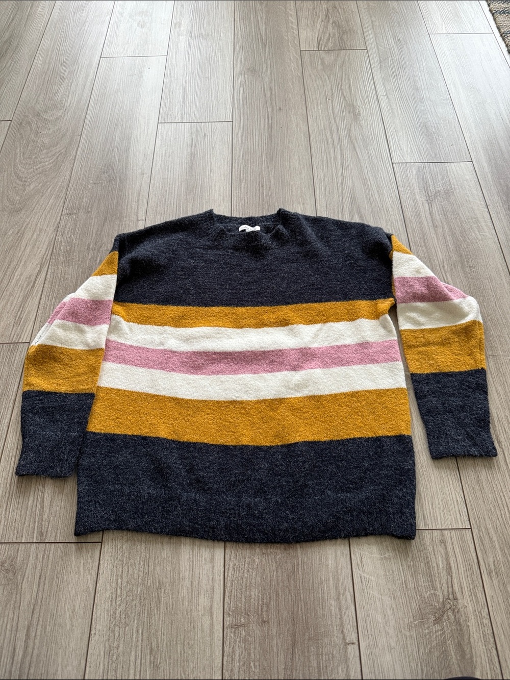 White Birch Women’s Navy Crewneck Sweater Mustard Pink & White Stripes Large